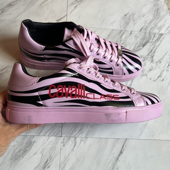 Roberto Cavalli Class pink black zebra trainer sneaker lace up size 39 9 shoe - Picture 3 of 10